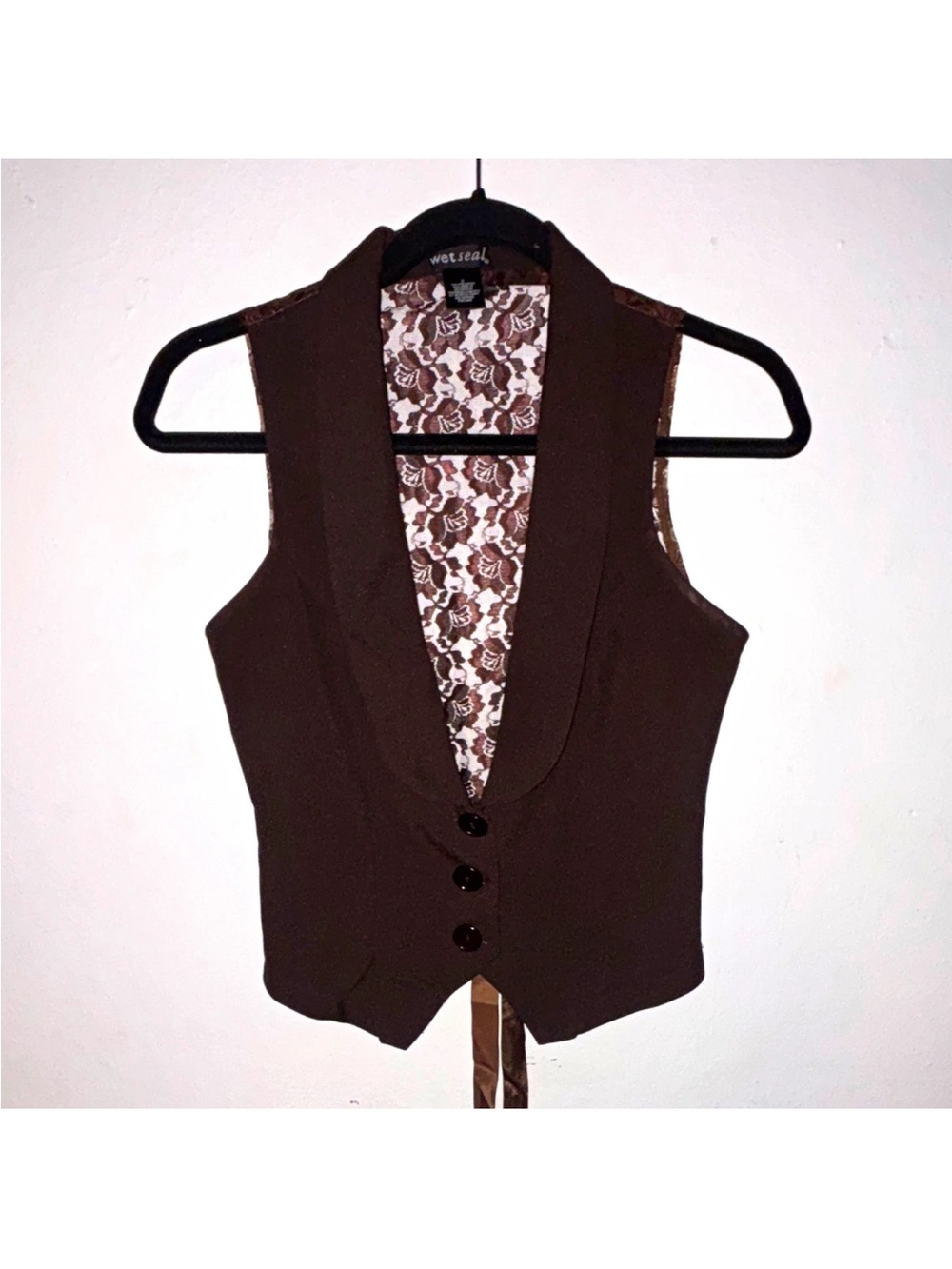 Wet seal brown vest S button front lace back tie lined poly